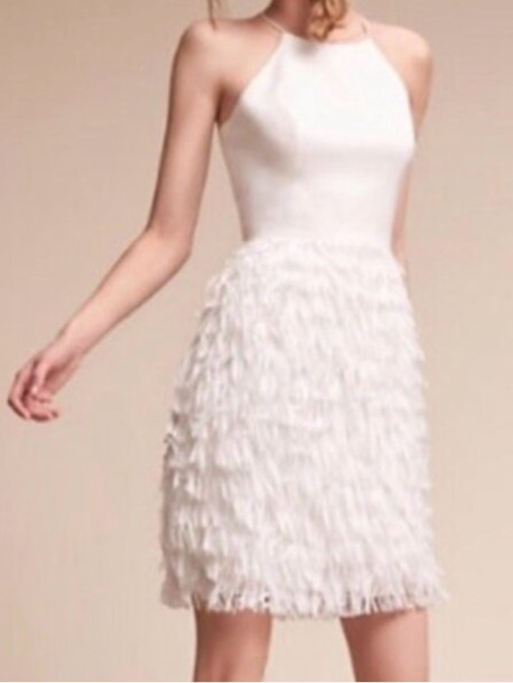 Aidan Mattox Promenade Halter White Crepe Fringe Mini Dress - Size 4